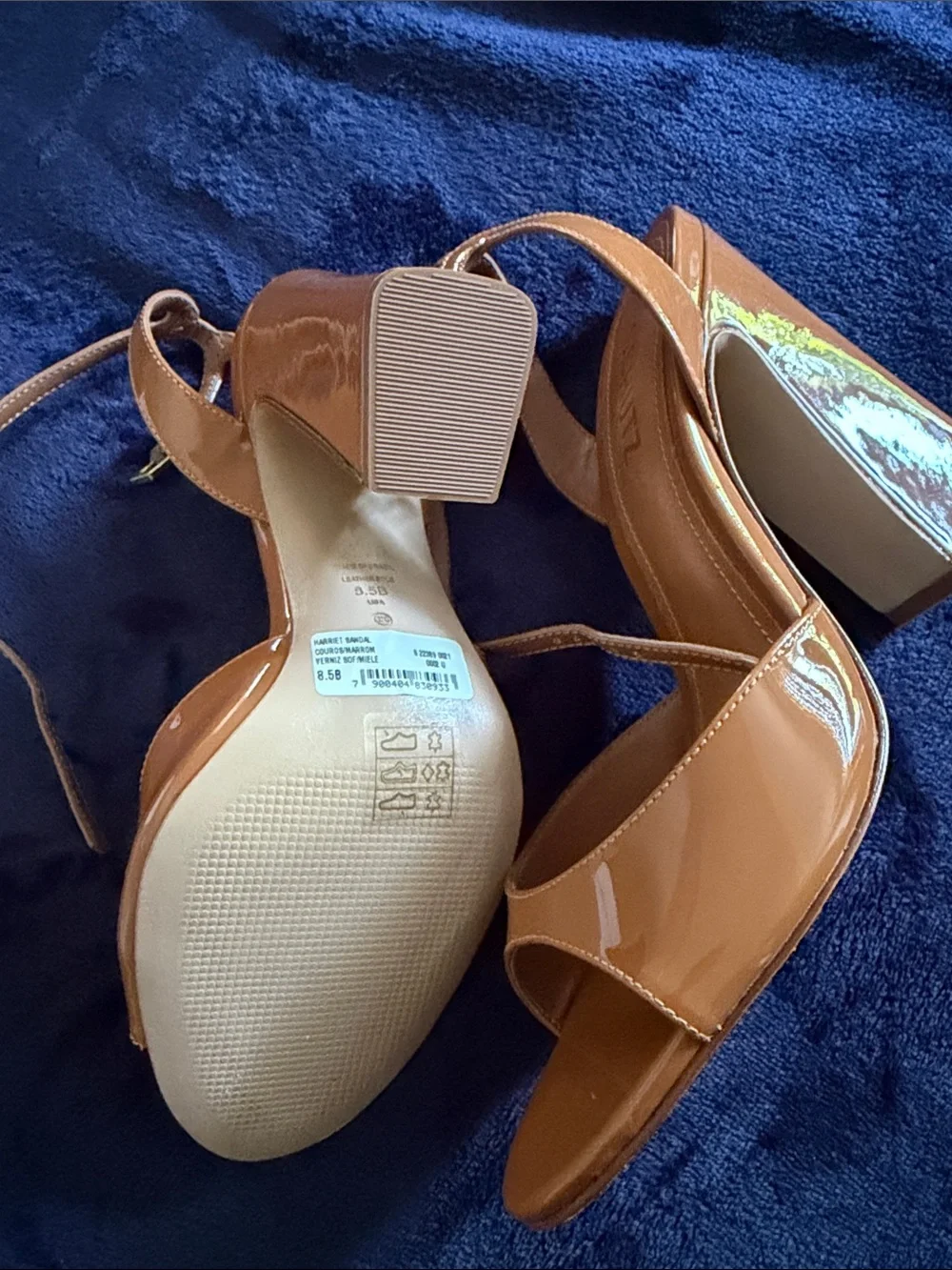 SCHUTZ Glossy Camel Patent Leather Strappy Sandals
